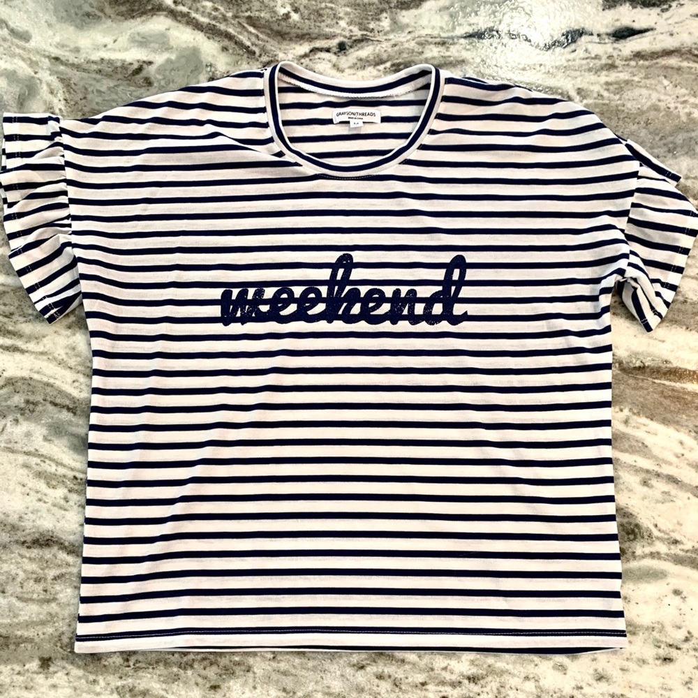 Stripe Weekend Short Ruffled Sleeve Shirt (Medium)